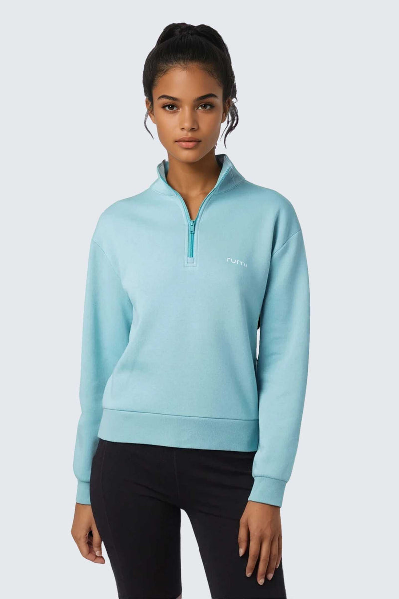 W Moon Sweatshirt Fleece Mock-Neck Half-Zip - Ocean